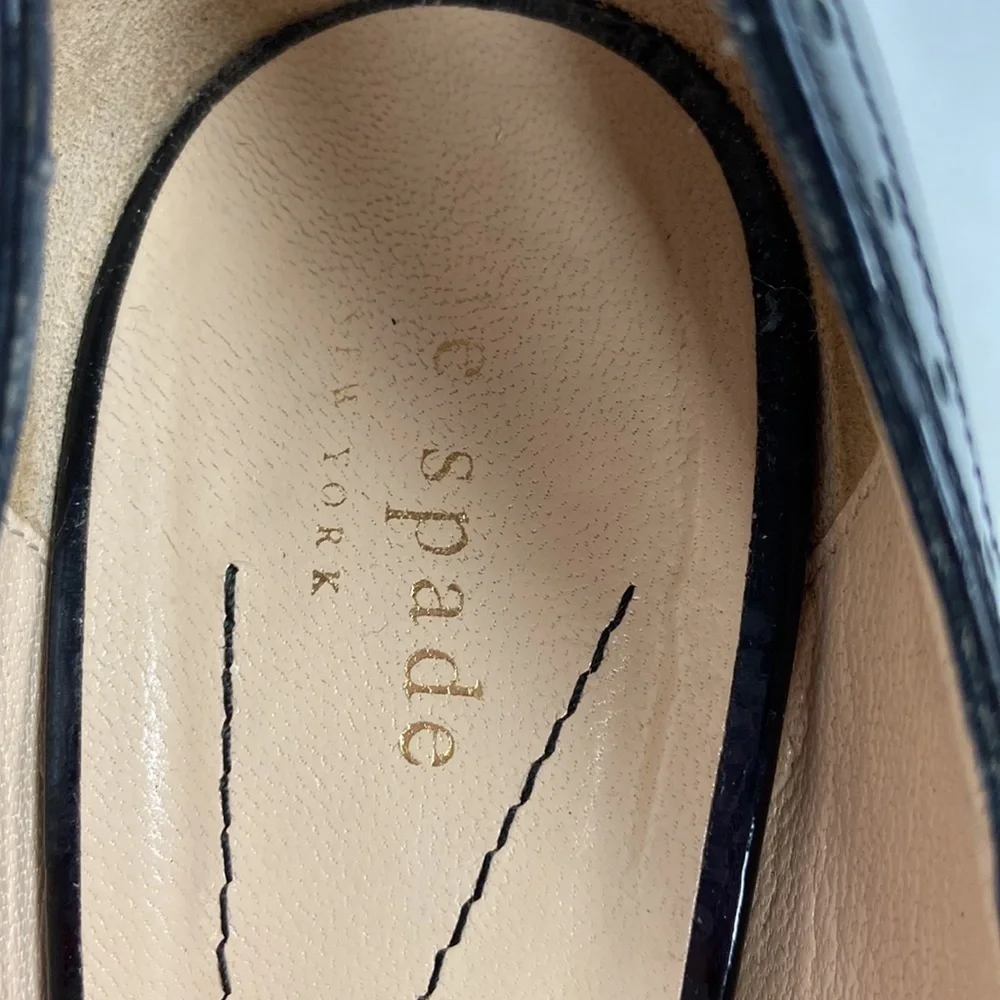 Kate Spade Giselle Oxford Patent Leather Peep Toe Perforated Trim Black Heels
